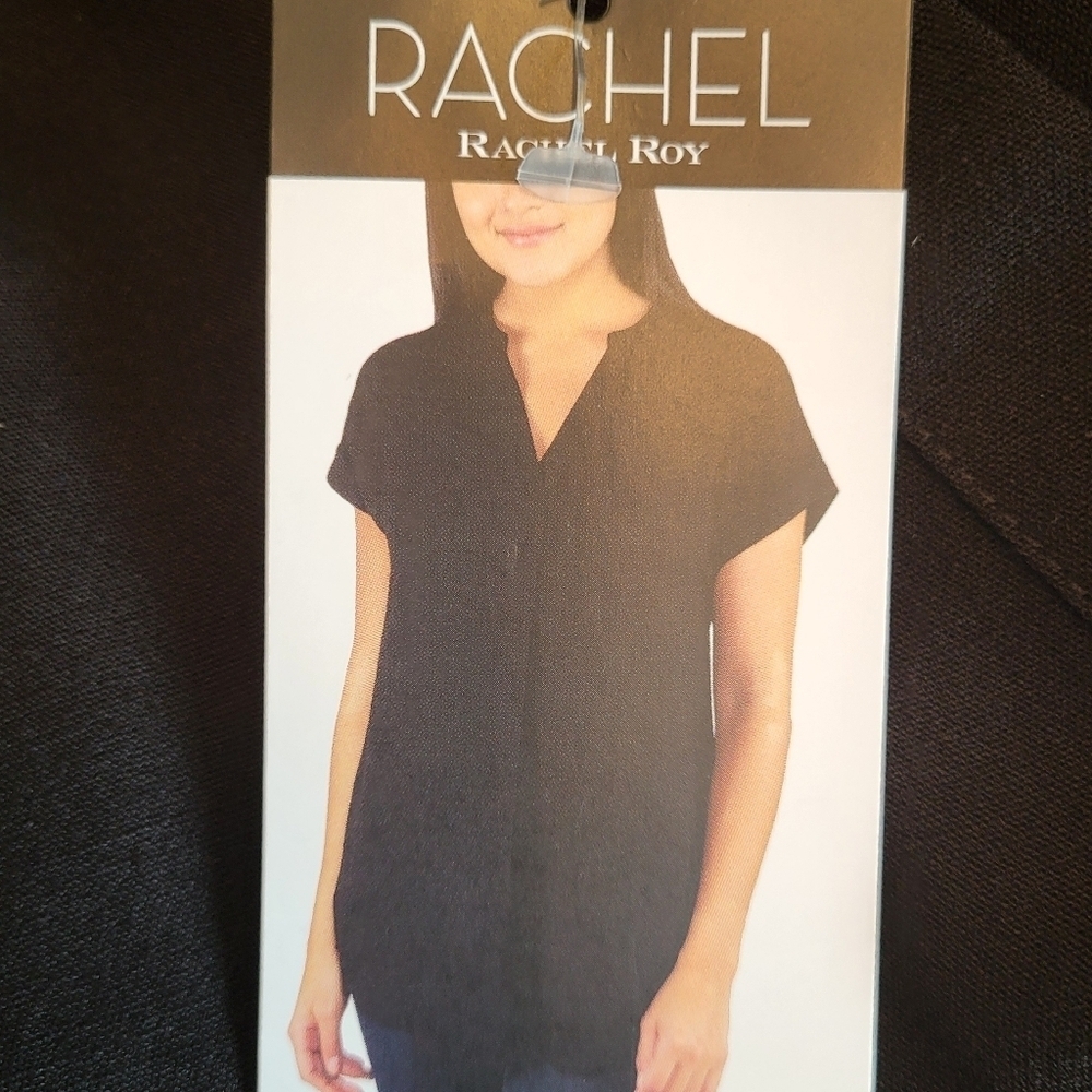 RACHEL Rachel Roy Black Flowy V Neck Blouse with Centre Pleat, Short Sleeves Sm